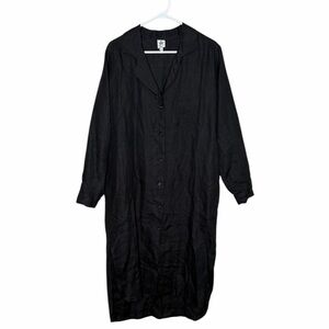 Crown Linen Designs 100% Linen Midi Dress Size Medium Black Button Up Collared